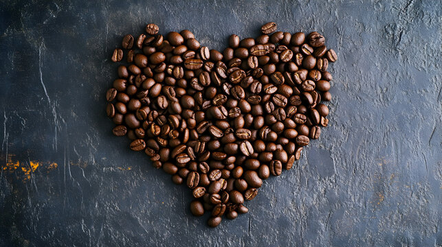 roasted coffee beans forming a heart shape on a textured background  - Powered by Adobe