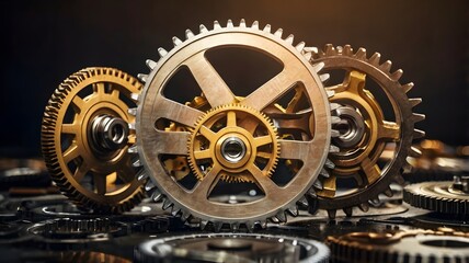 Fototapeta premium Intricate gears, mechanical clockwork, golden and silver metal, industrial machinery, close-up detail, precision engineering, complex interlocking cogs, steampunk aesthetic, metallic textures, 3D rend
