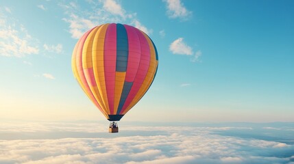 Fototapeta premium Vibrant hot air balloon ascending above a breathtaking cloud sea at sunrise