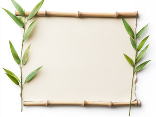 Naklejka premium Serene beige parchment framed by bamboo and vibrant green leaves, creating a peaceful and minimalist aesthetic.
