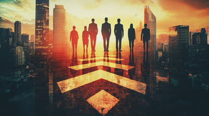 Abstract business team stands on the peak of success amid tall, innovative Smart city and graphs with statistics to analyze business potential and predict future developments in company growth.