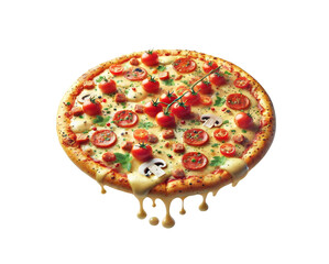 Pizza with cheese, mushrooms and cherry tomatoes on a white background