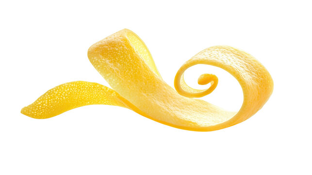 Bright yellow lemon peel spirals artfully arranged on a white background, highlighting texture and color contrast