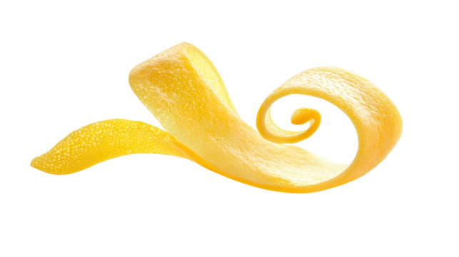 Bright yellow lemon peel spirals artfully arranged on a white background, highlighting texture and color contrast