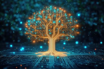 Abstract digital tree with circuit patterns representing growth, sustainability, and the evolution of technology in business