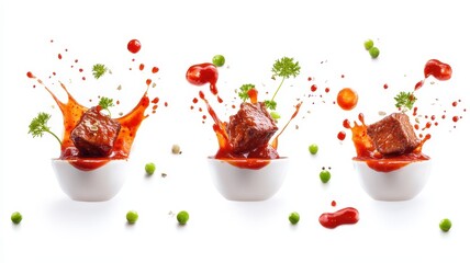 Succulent barbecue meat pieces splashing with flavor, perfect for grilling enthusiasts and food lovers alike.