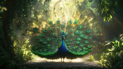 Majestic peacock displaying plumage in sunlit jungle © xoan