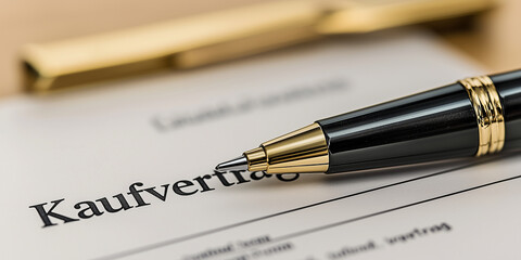 Kaufvertrag der zur Unterschrift ist. Kugelschreiber liegt auf dem Tisch. Vertrag - Kaufen - Unterschrift
