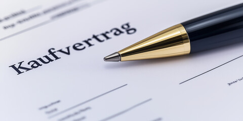 Kaufvertrag der zur Unterschrift ist. Kugelschreiber liegt auf dem Tisch. Vertrag - Kaufen - Unterschrift