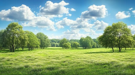Serene Summer Meadow Landscape with Lush Green Trees and Blue Sky