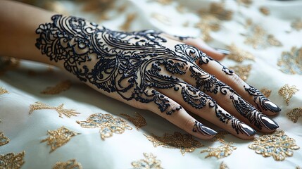 Obraz premium Close-up of intricate henna designs on hands, traditional Islamic art and celebration 
