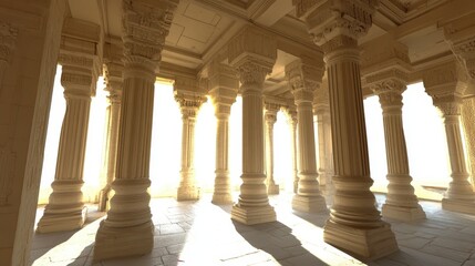 Fototapeta premium Sunlit Colonnade Interior Ancient Architectural Detail