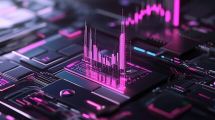 Pink holographic data visualization on a black background with tech details, futuristic analytics concept