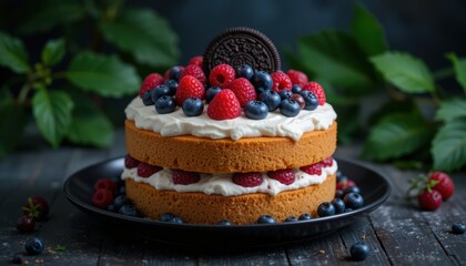 Delicious layered cake with raspberries and blueberries, perfect for a celebration.