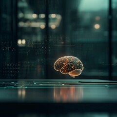 Levitating AI Brain Glowing with Colorful Neural Data Futuristic Lab Digital Art Dynamic Environment Close-Up View