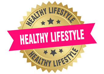 healthy lifestyle. healthy lifestyle round pink and gold label isolated on transparent background