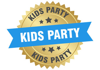 kids party. kids party round blue and gold label isolated on transparent background