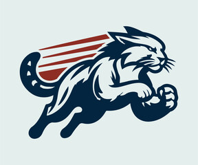 Vector illustration of a cat running fast with a racing flag in the background