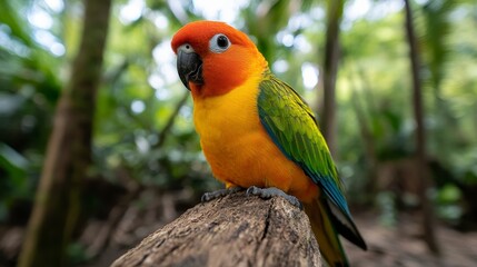 Fototapeta premium Vibrant Sun Conure Perched on Branch in Lush Green Jungle Setting