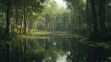 Misty forest pond reflection, serene nature scene, background ideal for calm, tranquil mood
