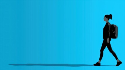 Woman walking, backpack, blue background, travel concept
