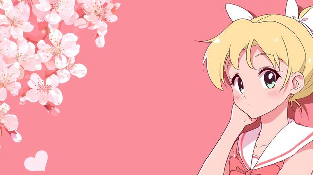Anime girl spring blossom background, website header