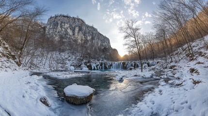 Fototapeta premium Winter sunset over frozen waterfall, river, snow-covered landscape