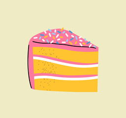 Piece of cake with pink icing and colorful confectionery sprinkles on light background, cute simple hand drawn illustration, drawing, flat style