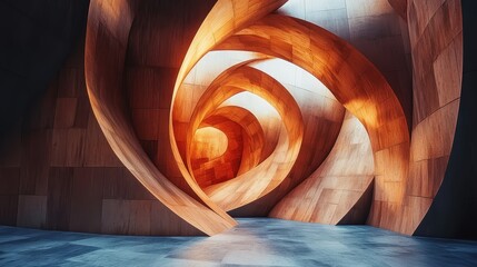 Large wooden sculpture art piece displayed in an outdoor setting surrounded by greenery and natural light
