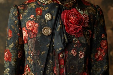 Dark Floral Jacket: Romantic Red Roses and Gilded Buttons