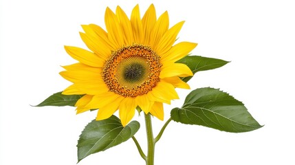 Vibrant Sunflower Bloom with Green Leaves Isolated on White Background