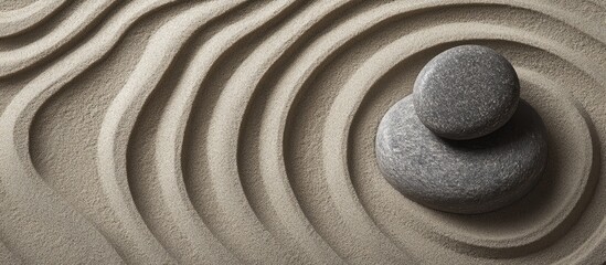 Serene Zen garden with smooth grey stones placed on soft beige sand patterns featuring gentle waves and circles inviting tranquility and contemplation