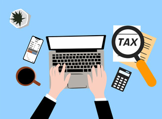 hand holding a laptop tax business