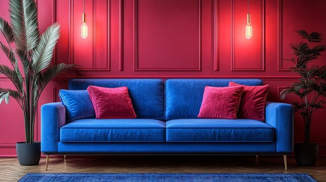 Chic and modern interior with a vibrant blue couch against a red accent wall.
