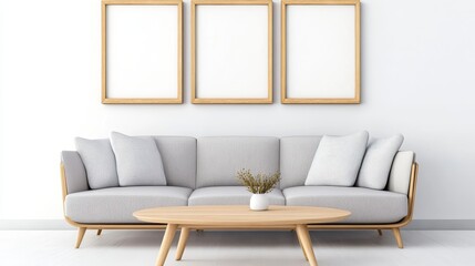 Modern minimalist living room with gray sofa and empty frames