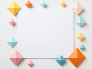Pastel-colored geometric shapes arranged around a blank white card. Perfect for minimalist designs or announcements.