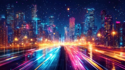 Fototapeta premium Night city, futuristic highway, light trails, starry sky, speed, technology, advert