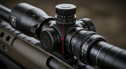 Close-up of a precision rifle scope with detailed adjustments and markings