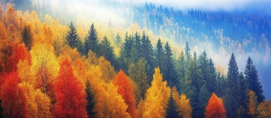 Aerial view of a vibrant autumn forest with red, orange, and yellow trees set against a misty blue background showcasing seasonal beauty.