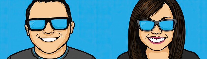 Obraz premium Cartoon couple, sunglasses, blue background, website avatar