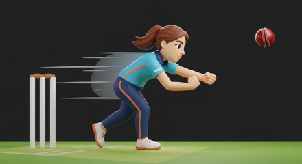 Fototapeta premium Animated cricket player in action, bowling a ball on a green field