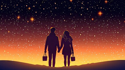 Obraz premium Couple stargazing, romantic night, starry sky, hilltop, date