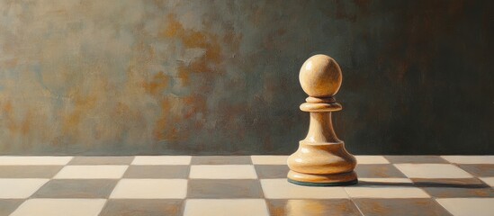 Chess pawn prominently positioned in foreground on a chessboard with wooden squares under soft natural light, set against a textured teal wall background.