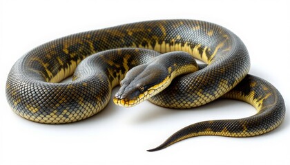 Obraz premium A meticulously detailed studio shot of a vibrant green snake coiled on a neutral beige backdrop