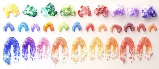 Colorful collection of artistic chalk and paint rainbows on white background featuring red, orange, yellow, green, blue, purple in layered arrangement