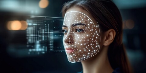 Digital facial recognition technology modern city portrait high-tech environment close-up view innovation in ai