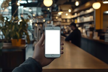Person holding blank phone screen in cafe (1)
