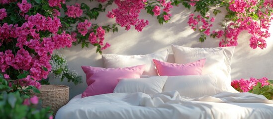 Serene bedroom scene featuring a white bed with pink pillows surrounded by vibrant pink flowers on a soft wall for a tranquil summer atmosphere