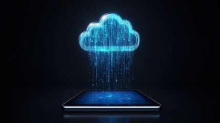 Glowing digital cloud hovering above a smartphone in dark background. Concept of cloud computing and digital transformation