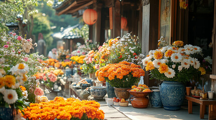 Colorful flower market scene, marigolds, rustic stalls, vintage charm, autumn harvest